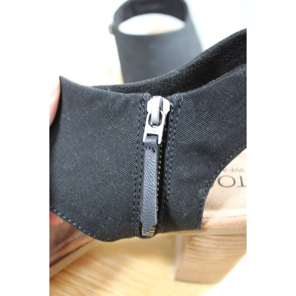 Toms Womens Heeled Sandals Size 9 Black Woven Ankle Strap Block Heel Open Toe